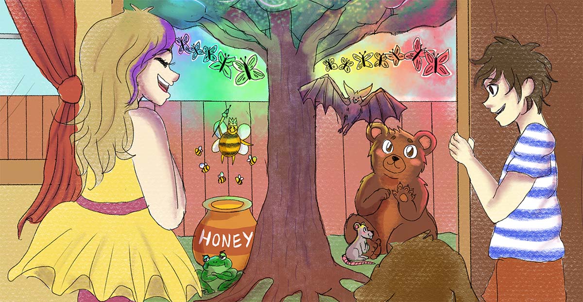 Illustration of boy and girl looking out a door into backyard at a bear, frog, bat, bees and honey jar.