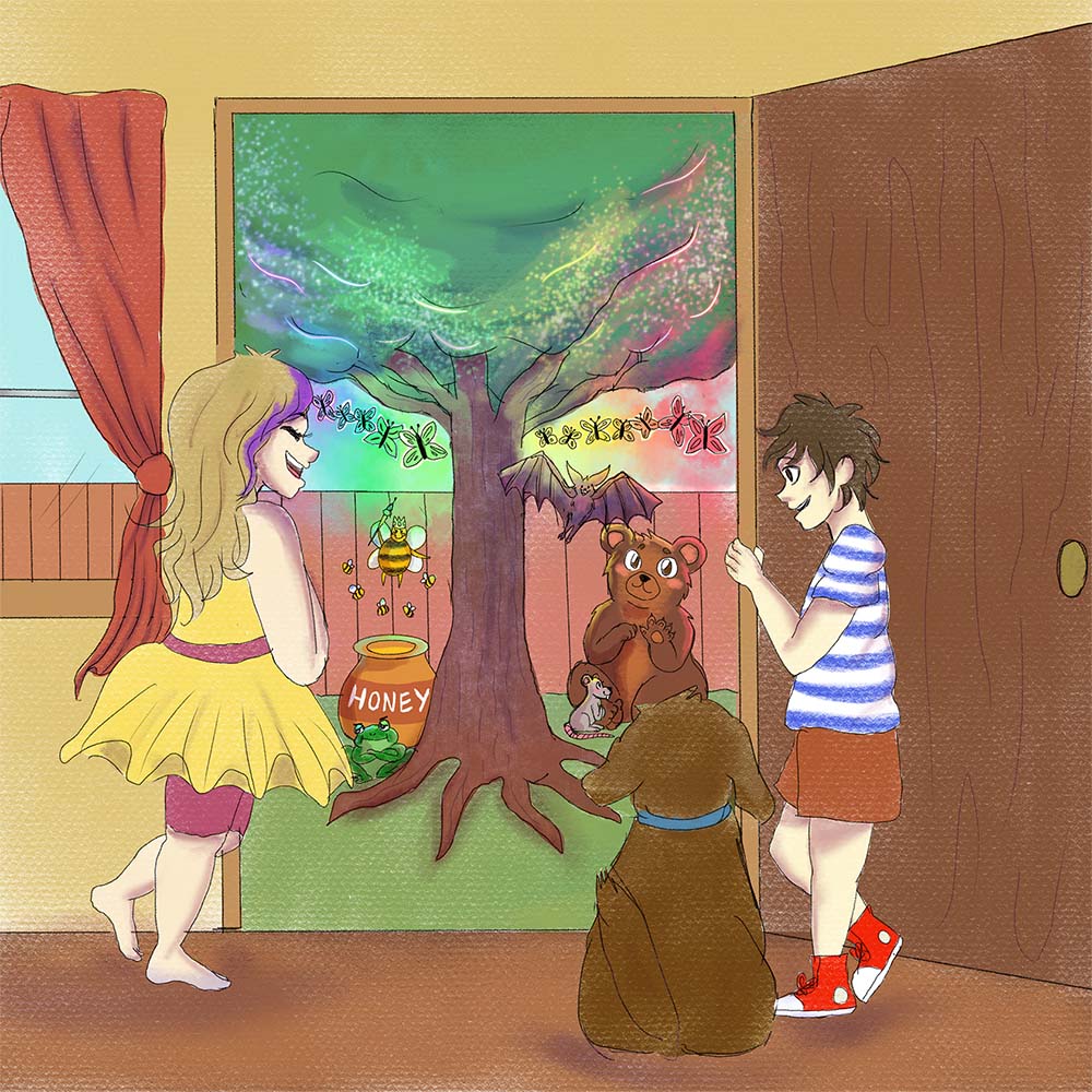 Illustration of boy and girl looking out a door into backyard at a bear, frog, bat, bees and honey jar.
